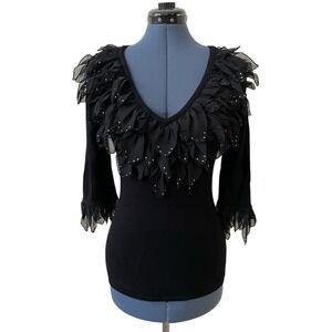 VTG Womens Black Rhinestone Ruffle V Neck Knit Top Whimsigoth Witchy Fairy Y2K S